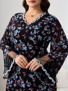 Al Najma 大码女式V领蝴蝶印花宽松土耳其长裙，阿拉伯传统风格 - 彩色 - 查看 2