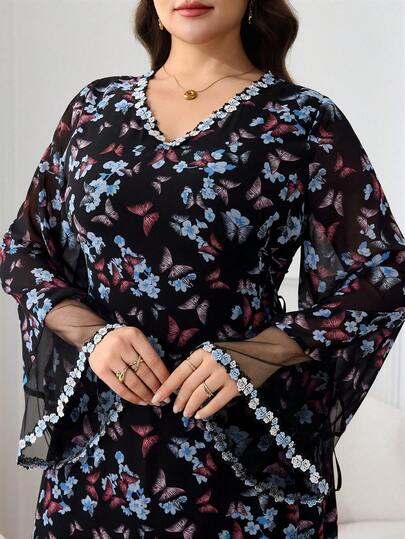 Al Najma Plus Size Women V-Neck Butterfly Print Loose Turkish Maxi Dress, Arabic Traditional Style