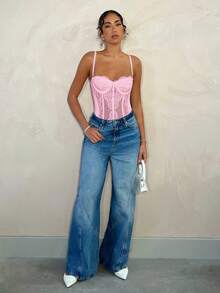 SHEIN BAE 浪漫白色蕾丝拼接可拆卸肩带紧身胸衣连体衣，适合浪漫约会、闺蜜聚会、早春郊游、派对活动 - 束身胸衣、演唱会服装、性感连体衣、春季女装、情人节服装 - 粉色 - 查看 3