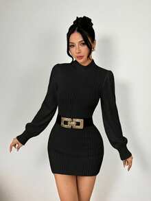 SHEIN PETITE Gaun Kerah Tegak Bergaris Lengan Bishop Warna Hitam, Ukuran Petite untuk Wanita - Hitam - View 5