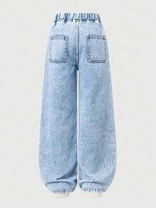 少女休闲时尚百搭浅蓝色水洗直筒牛仔裤 - 藍色 - 查看 2