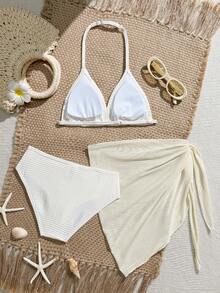 SHEIN 3件套少女黑色泳衣套装，适合海滩度假派对、春夏穿着 - 杏色 - 查看 2