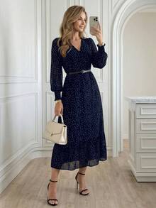 Miaspire 秋冬女士波点印花优雅裹身连衣裙，泡泡袖收腰长裙，适合优雅外出和聚会，褶皱长袖印花连衣裙，藏蓝色女士连衣裙，法式连衣裙，波点连衣裙，女士度假装，春夏装 - 藏蓝色 - 查看 3