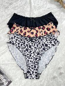 3 piezas Braguitas de bikini con estampado de leopardo + unicolor + estampado de vaca con decoración de lazo para mujer - Multicolor - Ver 1