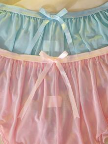 DelicateAllure 2pcs Plus Size Women Lightweight Mesh Side Slit Comfortable Simple Home Shorts, Pink & Blue - Multicolor - View 5