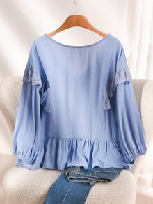 CosyJoli Blouse d'été décontractée en maille brodée à encolure en V pour femmes grandes tailles, top bleu ciel pour femmes, top bleu clair mignon pour femmes, blouse à manches lanternes pour femmes au printemps - Bleu azur - Voir 2