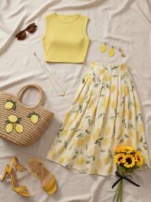 Franclia Áo gile dệt kim màu vàng chanh và chân váy in họa tiết chanh - Bộ đồ 2 món ngọt ngào, thường ngày dành cho nữ. - Màu vàng - Xem 3