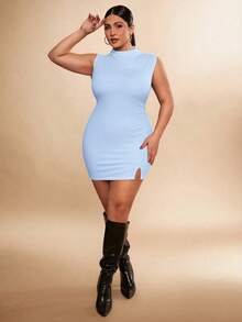 SHEIN BAE Váy midi hở vai màu đen không tay xẻ tà thanh lịch gợi cảm cỡ lớn dành cho nữ, thích hợp cho các buổi hẹn hò, trà chiều, đi làm, đám cưới, ngày lễ, tiệc tùng, sinh nhật, ngày lễ tình nhân, sự kiện trang trọng, bãi biển, câu lạc bộ - Màu xanh nhạt - Xem 4