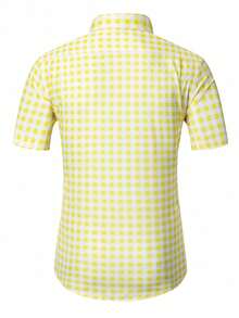 Manfinity Homme 红色短袖格子衬衫，独特刺绣Logo，清爽格纹衬衫，休闲百搭男士黄白格子衬衫，柠檬黄衬衫，男士短袖纽扣衬衫，黄白配色男士夏季纽扣衬衫 - 淡黃色 - 查看 2
