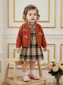 SHEIN 2pcs Baby Girls Ditsy Floral Sweater Jacket And Dress Set, Spring/Autumn - Khaki - View 1