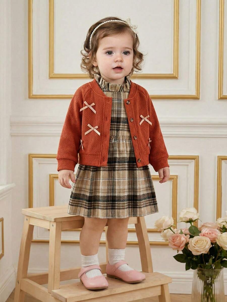 SHEIN 2pcs Baby Girls Ditsy Floral Sweater Jacket And Dress Set, Spring/Autumn - Khaki - View 1