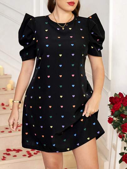SHEIN Clasi Vestido casual de verano con estampado de corazón y mangas abullonadas para tallas grandes