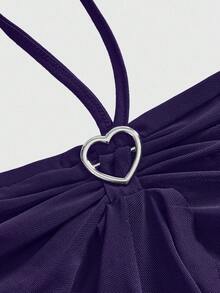 ROMWE Kawaii 女士 Y2K 心形搭扣设计褶皱拼接荷叶边露背吊带衫 - 紫色 - 查看 3