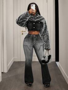 Slaydiva Women's Fashion Fuzzy Patchwork Cropped Denim Jacket - Black - View 6