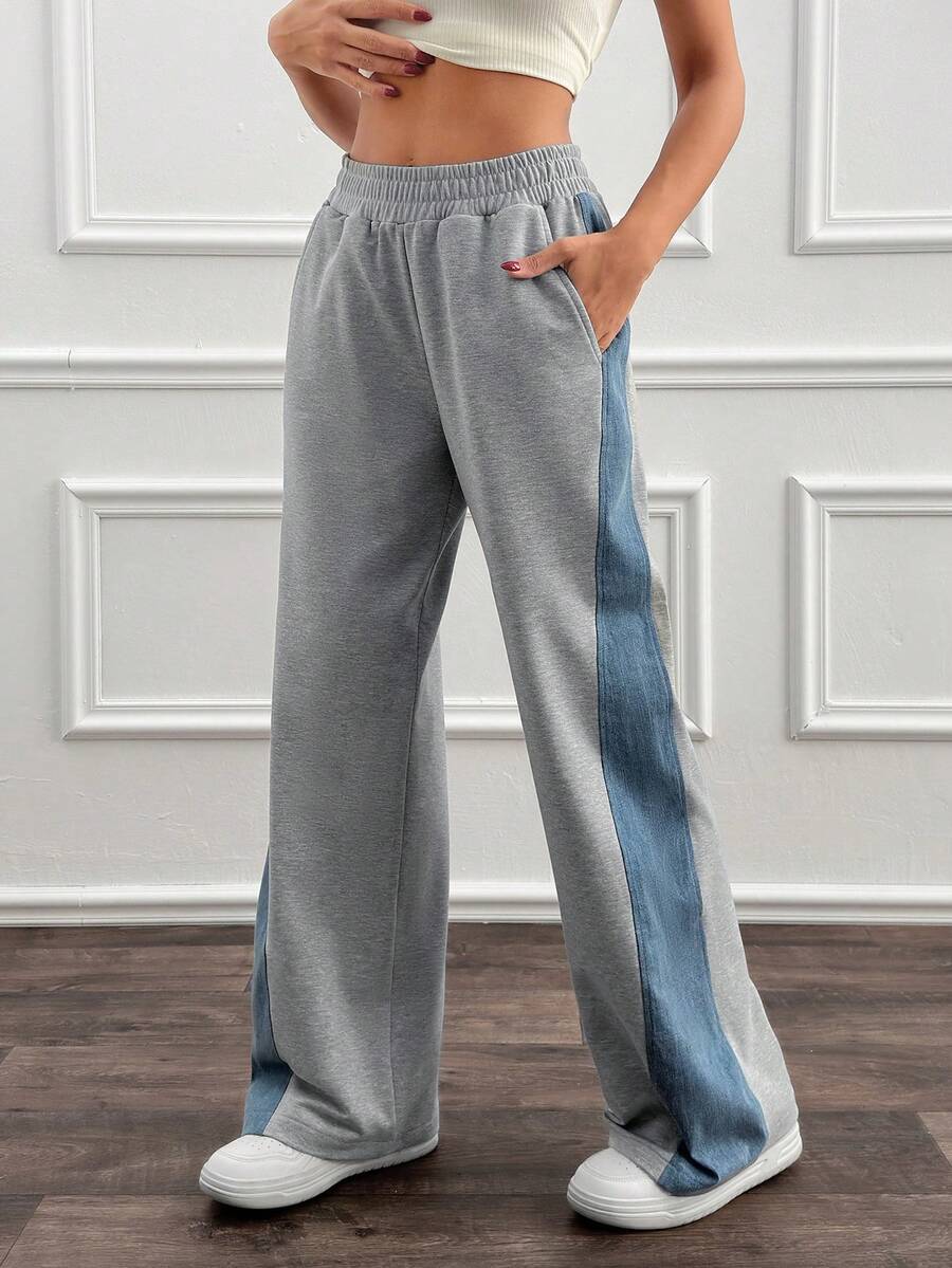 Cloudara Women Denim Patchwork Detailed Wide Leg Sweatpants - Grey - View 1