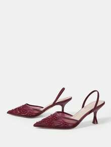 CUCCOO HITCHD 女士新款刺绣蕾丝尖头香槟色网面高跟鞋，优雅迷人，适合浪漫约会、婚礼、宴会等场合的新娘鞋。 - 酒紅色 - 查看 10