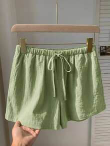 SHEIN EZwear Quần short nữ cỡ lớn, màu trơn, có thắt lưng và túi, dáng rộng, thoải mái, thích hợp mặc mùa hè. - màu xanh lá - Xem 1