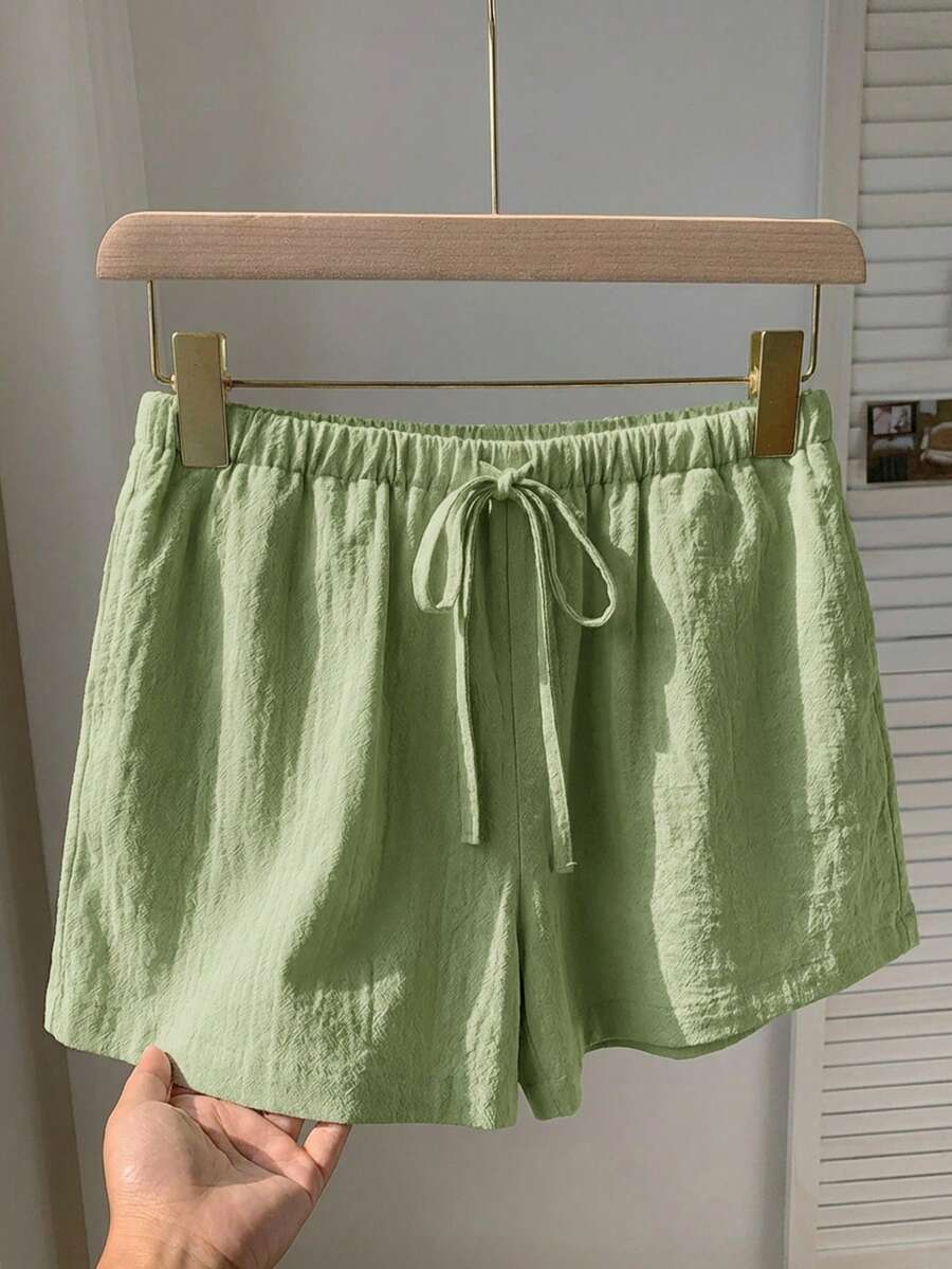SHEIN EZwear Quần short nữ cỡ lớn, màu trơn, có thắt lưng và túi, dáng rộng, thoải mái, thích hợp mặc mùa hè. - màu xanh lá - Xem 1