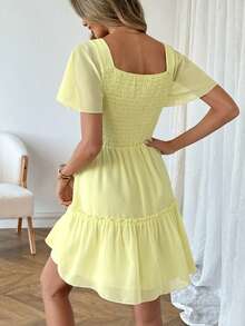 SHEIN LUNE 休闲女式奶油黄腰连衣裙 - 黃色 - 查看 2