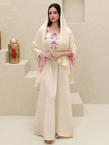Al Najma 女士蕾丝拼接花卉刺绣长袖土耳其长袍和阿拉伯传统长裙 - 杏色 - 查看 2