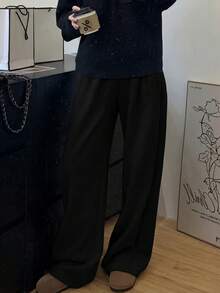 SHEIN 女士黑色弹力腰褶皱口袋宽松休闲直筒裤 - 黑色 - 查看 3