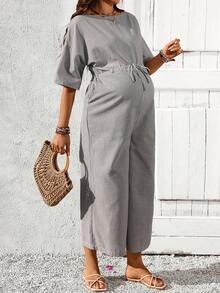 SHEIN Maternity Striped Round Neck Drop Shoulder Waist Tie Wide Leg Casual Jumpsuit - Multicolor - View 3