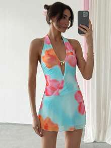 Aloruh Đầm ôm sát ngắn hở lưng cổ chữ V sâu, họa tiết hoa vàng nhuộm tie-dye, phong cách nghỉ mát châu Âu và Mỹ mùa hè tươi mới. - Màu xanh lam - Xem 6