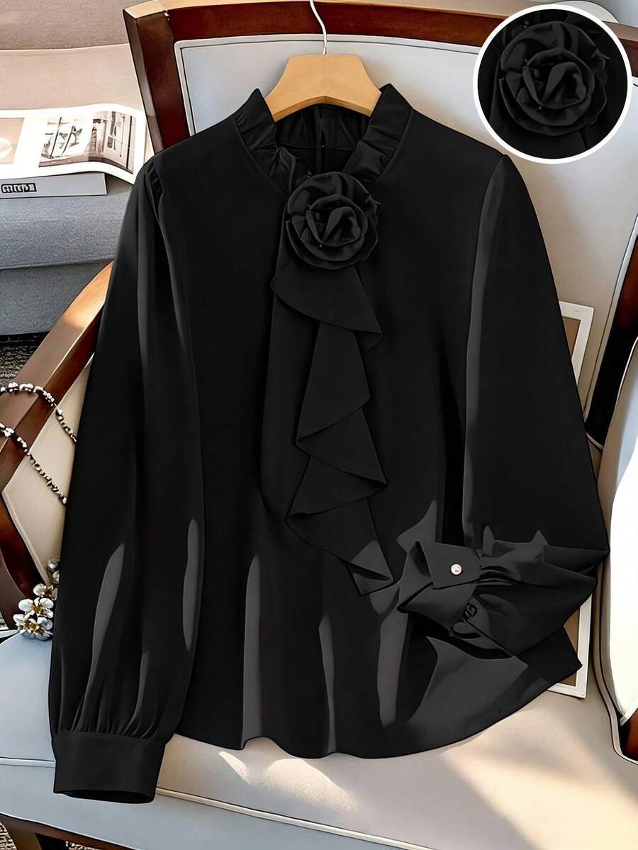 GlowEve CURVE 大码女士优雅立领荷叶边花卉系带纯色缎面长袖衬衫，专业通勤衬衫 - 黑色 - 查看 1