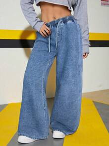 Teens Girls Elastic Waist Drawstring Loose Straight Leg Jeans - Medium Wash - View 3