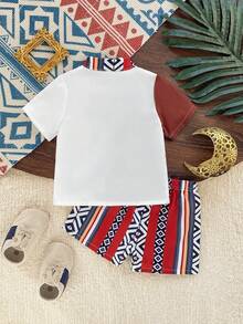 SHEIN Infant/Toddler Boys' Stand Collar Button Front Geometric Print Short Sleeve Top And Shorts Set, Summer - Multicolor - View 2