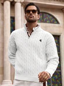 HIMLAND Men's Autumn/Winter Zipper Half-Open Chest Drawstring Fashionable Knitted Crew Neck Pullover Sweater, Casual - White - View 4