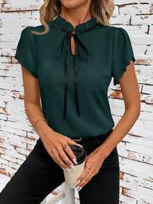 SHEIN Clasi Fitted Women's Contrast Color Tie Neck Short Sleeve Blouse Summer Teacher Country Summer - Dark Green - View 5