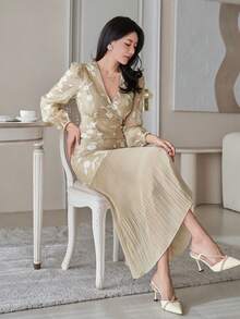 DAZY Set da 2 pezzi composto da blusa floreale elegante scollo a V e gonna, primavera - Albicocca - Visualizzare 7