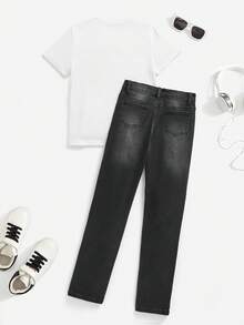 SHEIN Tween Boy Solid Color Crew Neck Short Sleeve T-Shirt And Distressed Zip-Up Denim Jeans Set - Black - View 2