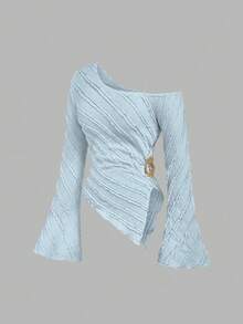 Sweetra Camiseta ajustada de manga acampanada de unicolor - Azul - Ver 1