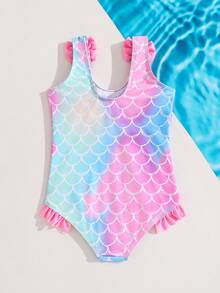 Emery Rose Kids Emery Rose Kids Young Girl Cute Fish Scale Random Print Ruffle Trim One-Piece Swimsuit, Summer Beach Holiday - Baby Pink - View 2