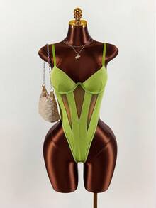 Amplova 女士网眼拼接性感吊带背心 - 綠色 - 查看 3