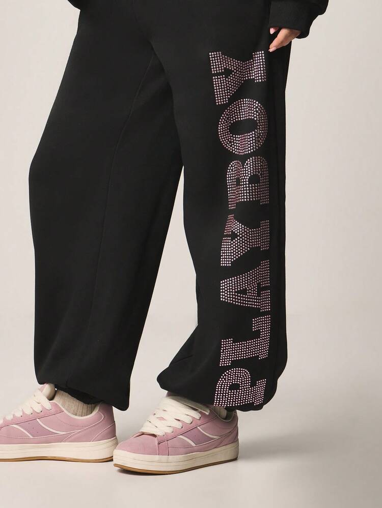 Missguided x Playboy Pantalones de chándal holgados con puños, panel lateral con estampado de letras de diamantes, cintura con cordón, pantalones de felpa cómodos para el ocio y el invierno
