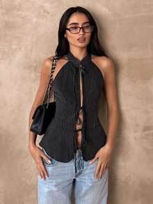 Glamine Áo kiểu nữ không tay cổ đứng, thắt nơ phía trước, kẻ sọc đen trắng, thời trang, gợi cảm, ôm dáng, đa năng cho công sở, đi làm hoặc chụp ảnh. - Đen và trắng - Xem 1