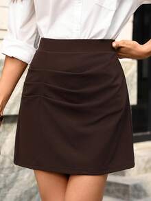 Editum 女士松紧腰褶裥棕色半身裙，修身剪裁，优雅大方，适合日常穿着和通勤，春夏款 - 棕色 - 查看 1