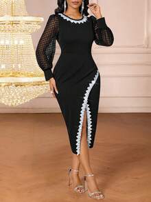 SHEIN Lady Women's Elegant Knitted Long Sleeve Black Dress - Black - View 7
