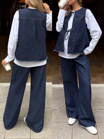 SHEIN Maternity Simple Solid Color Sleeveless Top And Jeans Two Pieces Set, Casual Everyday Wear Spring Christmas New Year Thanksgiving Commuting Vacation Graduation Chic Y2k Cute Streetwear Party Wedding Elegant Business Casual Woman