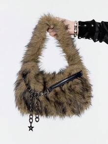 ROMWE Grunge Punk 2000s Style Women Shoulder Bags,Punk  Rivet Biker Bags,Fur Purse ,Autumn & Winter Wallets, Hobo Handbag(Random Pattern) , Goth - 棕色 - 查看 7
