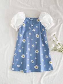 SHEIN Vintaside Kids 女孩知性优雅女士风格米色连衣裙，配大蓝色蝴蝶结，夏季休闲度假沙滩裙 - 藍色 - 查看 2