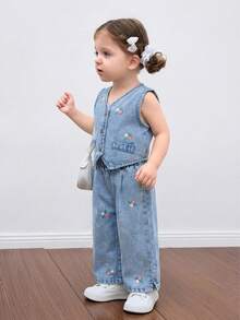 SHEIN Bộ đồ HEIN 2 món cho bé gái gồm áo yếm và quần cạp chun, đồ mặc nhà phong cách boho thường ngày, đồ tốt nghiệp/dự tiệc/kỳ nghỉ, đồ mặc mùa thu thoải mái và dễ chịu cho bé. - Màu xanh lam - Xem 6