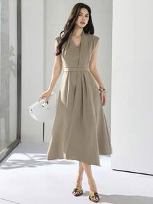 Heiryn New Design Asymmetrical Ribbon V-Neck Cinched Waist Elegant Commuter Dress - Khaki - View 2