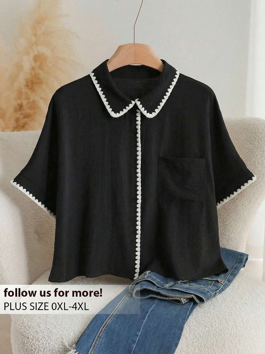 CosyJoli Áo sơ mi màu mơ thời trang thường ngày, thiết kế viền tương phản, cỡ lớn, mẫu mới cho mùa xuân/hè. - màu đen - Xem 1
