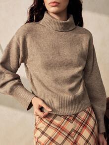 Chiquease Solid Color High Neck Dropped Shoulder Long Sleeve Loose Casual Knit Sweater - Khaki - View 4