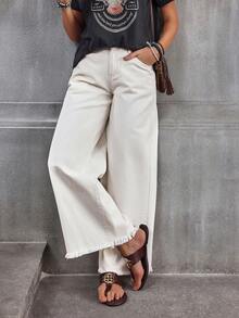 SHEIN Holidaya Women's Solid Color Casual Jeans White Wide Leg Pants Women Palazzo Pants Women White Flare Pants Boho Pants - Beige - View 7