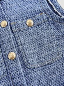 SHEIN MOD 女士圆领金属纽扣多口袋无袖休闲牛仔连衣裙 - 中等水洗藍 - 查看 3